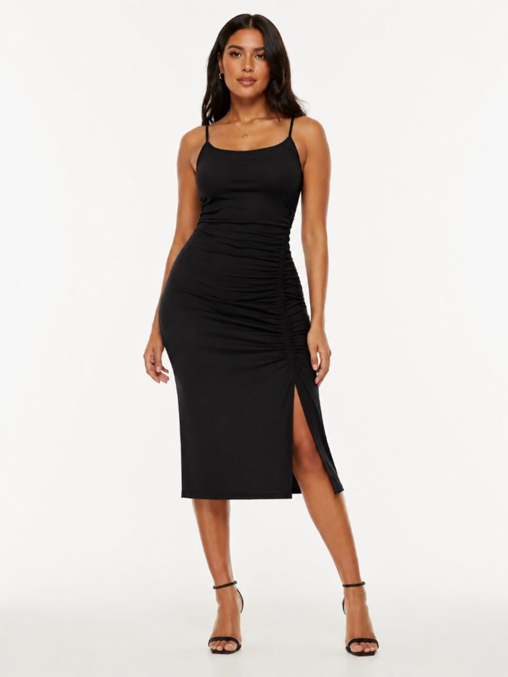 Aritzia Wilfred Riddle Midi Dress Ruched Side Slit Jersey Black Size Large